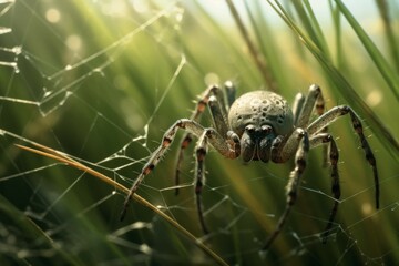 Macro shot of a spider weaving its intricate web between blades of grass.