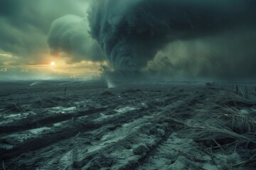 Wall Mural - Tornado under a stormy sky focusing on the dramatic contrast and mood.