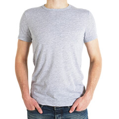 Poster - A man wearing a gray t-shirt and blue jeans against a white background, ideal for a clothing mockup