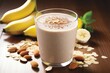 A protein powerhouse shake containing smoothie with almonds and bananas is placed on a table. Generative AI