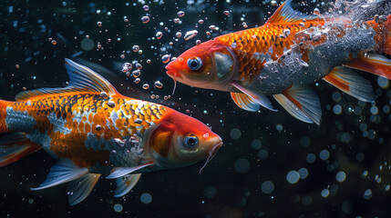 Wall Mural - A bunch of ripe Japan fish, with water droplets, falling into a dark black water tank, creating a colorful contrast and intricate splash patterns, 30 cm. In underwater photography, natural sunlight 