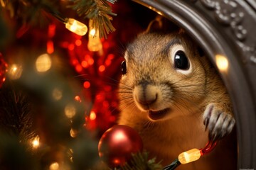 Wall Mural - Curious squirrel peeking out of a Christmas stocking