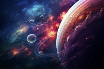 Wall Mural - majestic gas giant planet with swirling clouds and multiple suns.