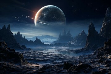 Wall Mural - rocky planet with magnificent ring system and rugged landscapes.