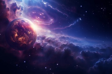 Wall Mural - mysterious gas cloud planet with swirling nebulae and cosmic dust.