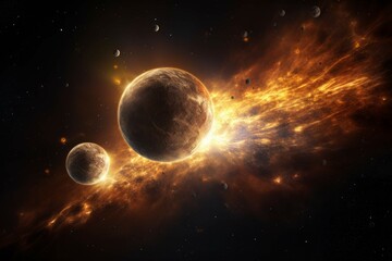 Wall Mural - binary star system illuminating a planet with tidal effects and golden light.