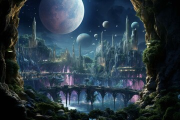 Wall Mural - alien civilization thriving on a habitable moon
