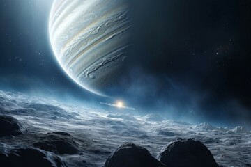 Wall Mural - space probe exploring the icy moons of a gas giant