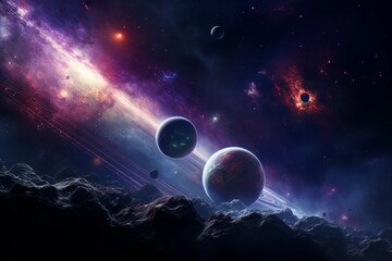 Wall Mural - futuristic planetary system with vibrant celestial bodies and sparkling stars.