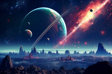 Wall Mural - retro-style planetary system with colorful ringed planets and rocket ships.