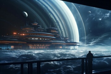 Wall Mural - space station orbiting a gas giant planet with swirling storms