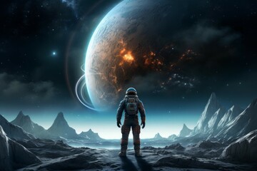 Wall Mural - space explorer on a barren planet with a glowing orb and breathtaking view of galaxies.