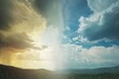 : A weather transformation, displaying a dreary rainy scene evolving into bright, sunny weather, with stormy clouds abating in time-lapse