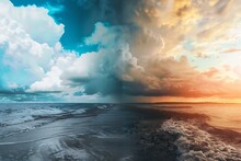 : A Weather Transformation, Displaying A Dreary Rainy Scene Evolving Into Bright, Sunny Weather, With Stormy Clouds Abating In Time-lapse