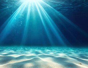 Wall Mural - underwater background deep blue sea and beautiful light rays with sandy floor