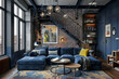 Modern Boho Navy Blue Industrial style house interior and living room Natural Materials.