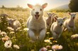 Playful lambs in a sunlit meadow
