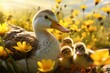 Family of ducklings in a spring meadow