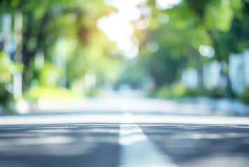 Blurred background of an outdoor scene with white and green colors, blurred focus on a road in the foreground. The blurry urban landscape is adorned with lush trees.