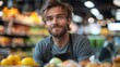 Portrait of male cashier at supermarket. Generative AI.