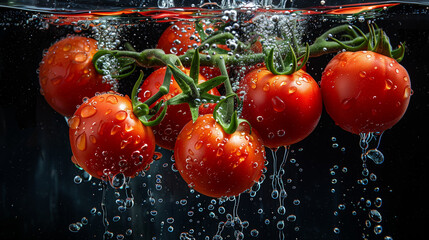 Wall Mural - A bunch of ripe tomatoes, with water droplets, falling into a dark black water tank, creating a colorful contrast and intricate splash patterns, 30 cm. In underwater photography, natural sunlight