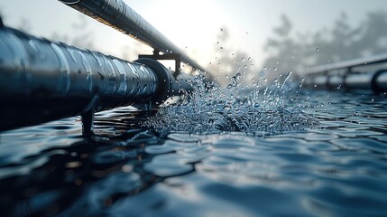 Poster - Metallic parallel pipes are throwing water in low pressure. Generative AI.