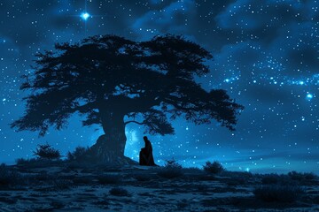 Silhouette of Abraham the father of faith in a nocturnal landscape talking to God next to a big tree, Generative AI