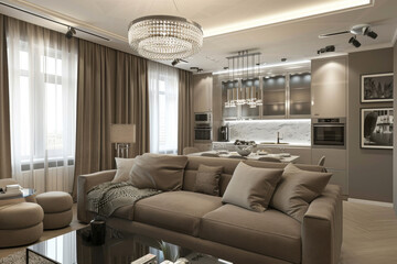 Modern French Taupe Gray Art Deco style apartment interior and living room Natural Materials.