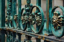 : An Ornate, Wrought-iron Fence, With Green Patina