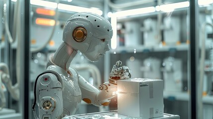 Poster - Laboratory, the robotic arm holds a carton, a lot of paper materials. Generative AI.