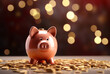 A savings piggy bank in bokeh, its realistic and hyper-detailed renderings, tabletop photography, and creative commons attribution apparent in light bronze and crimson.