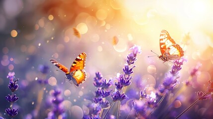 Wall Mural - Amazing beautiful colorful natural scenery. Lavender flower and two butterflies in summer sunlight in spring outdoors on macro nature, soft focus ,Generative ai, 