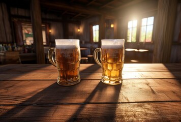 Two beer glasses are sitting on a wooden table, sunrays shining upon it, reflecting lively tavern scenes.