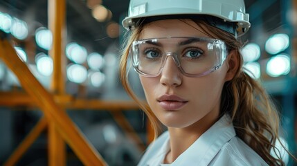 Aufkleber - Female with white hard hat and safety glasses at industry factory. Generative AI.
