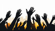 Silhouette of crowd fans cheering at concert or sport event on white background. Audience with raised hands enjoying music festival or football, soccer, basketball match. Nightlife, entertainment