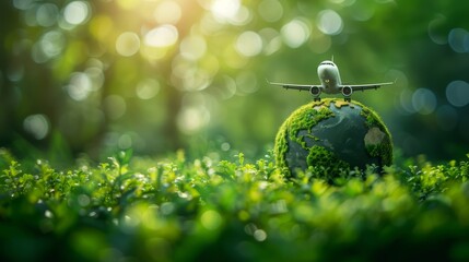 a small airplane is on top of a globe. the globe is surrounded by green grass. the scene is peaceful