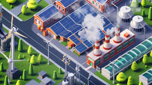 Isometric Sustainable Renewable Factory With Solar Panels On The Roof Clean Energy Concept. Climate Change Prevention Vector Illustration