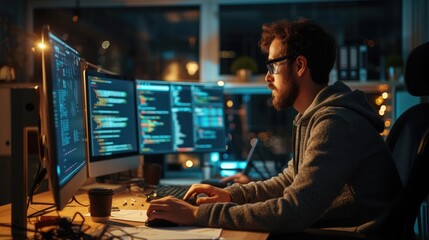 a software developer works on code late into the night, illuminated by the glow of multiple computer