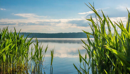 Wall Mural - View through green reeds onto a calm lake the water horizon disappears in the haze environment concept natural landscape copy space selected focus narrow depth of field