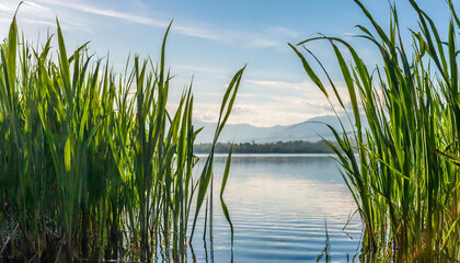 Wall Mural - View through green reeds onto a calm lake the water horizon disappears in the haze environment concept natural landscape copy space selected focus narrow depth of field