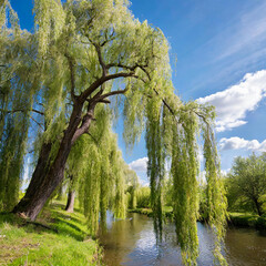 Wall Mural - Whispering Willow Grove. Beneath ancient willow trees, their long branches trailing in a silver rive