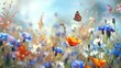 wild flower blooming field of cornflowers and daisies flowers ,poppy flowers, blue sunny sky ,butterfly and bee on flowers summer landscap 