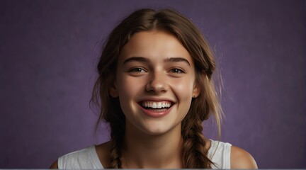 young deutsch teenage girl on plain bright purple background laughing hysterically looking at camera background banner template ad marketing concept from Generative AI