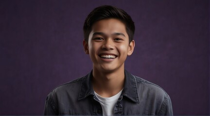 young filipino teenage boy on plain bright purple background laughing hysterically looking at camera background banner template ad marketing concept from Generative AI