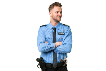 Wall Mural - Young police man over isolated background happy and smiling