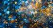 Abstract bokeh patterns over a dark background with blue and gold dots, with pointillist precise and dotted brushwork, light cyan and amber colors