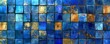 A glass wall of blue and gold tiles, with textural surrealism, digital art techniques, and luminous glazes.