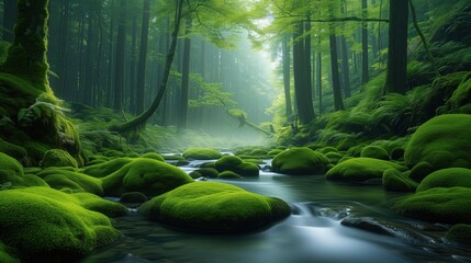 Wall Mural - stream with moss overgrown in a green forest