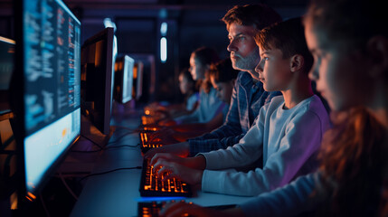 Teachers and children with parents in a computer lab, learning to program on modern PCs, preparing for the future with today's high-tech education system.