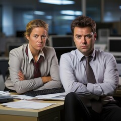 Wall Mural - Two serious office workers sitting at a desk and looking at the camera